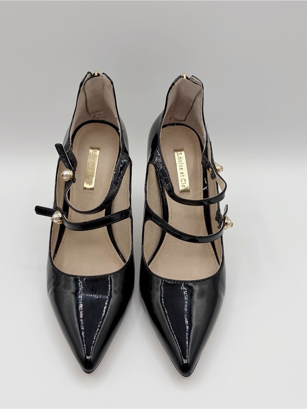 Louise et Cie Jolanie Patent Leather Black Strappy Pump Size 7 Pearl Accent Heel